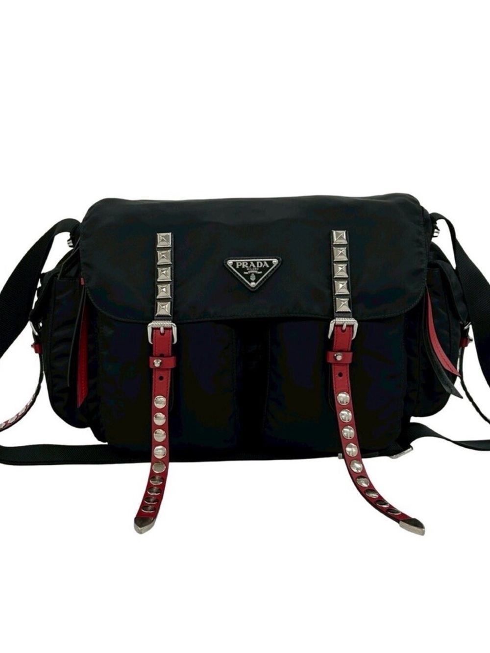 Prada Black Nylon Messenger Bag with Red Studded Straps